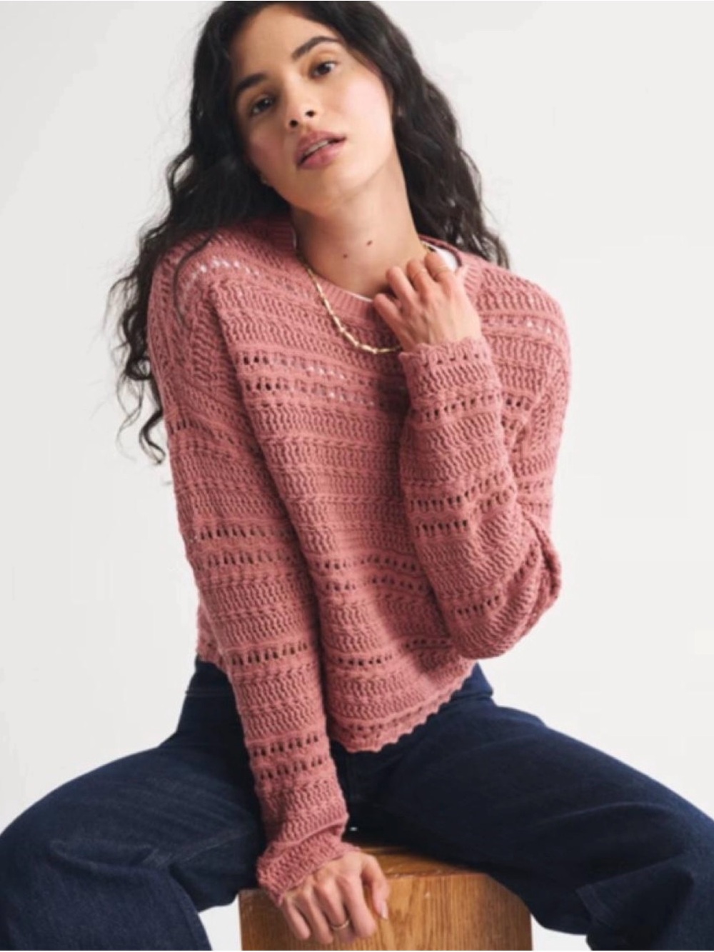 Abercrombie & Fitch Open-Knit Crew Sweater in Dusty Rose NWT M